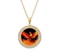 FodPand Women's Phoenix in Flames Diamond Necklace Round Pendant Necklace 19.7 Inch Adjustable Chain Memorial Necklaces for Friendship Couple Everyday Wear Jewelry Gift for Girlfriend Wife Mom, One