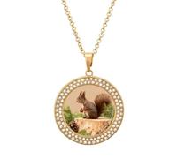 FodPand Women's Squirrel on Brown Stump Diamond Necklace Round Pendant Necklace 19.7 Inch Adjustable Chain Memorial Necklaces for Friendship Couple Everyday Wear Jewelry Gift for Girlfriend Wife Mom