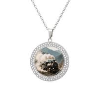 FodPand Women's Steam Train in Mountains Diamond Necklace Round Pendant Necklace 19.7 Inch Adjustable Chain Memorial Necklaces for Friendship Couple Everyday Wear Jewelry Gift for Girlfriend Wife Mom