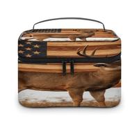 FodPand Wood Grain American Flag Hunting Deer Makeup Bag with Makeup Brush Compartment Cosmetic Bag with Handle And Zipper Portable Organizer Bag for Daily, Camping, Traveling, Hotel