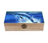 FodPand Wood Keepsake Box with Hinged Lid Handmade Wooden Wedding Memory Treasure Boxes Organizer Decorative Blue Ocean Dolphin Storage Box for Jewelry Coins Cards Photos Letters Crafts Storage