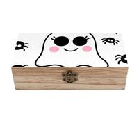 FodPand Wooden Storage Box 8x4 Inch, Vintage Keepsake Boxes with Lid, Funny White Big Eyes Ghost with Spider Memory Box for Jewelry, Photos - Elegant Home & Office Decor