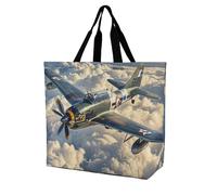 FodPand World War Aircraft Reusable Grocery Bag with Pockets And Handle Lightweight Durable Shopping Bags Large Size Bag for Groceries Travel And Everyday Use 15.7x15.7x6.3 in