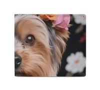 FodPand Yorkie Floral Bifold Wallet for Men Women, 4.3"x3.7" Compact Leather Wallet with ID Window & Coin Pocket, Slim Minimalist Card Holder for Daily Carry & Travel