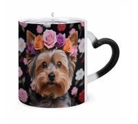 FodPand Yorkie Floral Color Changing Mug 11oz, Heat Sensitive Coffee Mug Reveals Pattern with Hot Liquid, Ceramic Novelty Coffee Cup with Heart Shaped Handle, Funny Gift