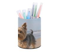 FodPand Yorkshire Terrier on Beach Pencil Case Round Pen Holder Office Desk Organizer Cute Pencil Cup Caddy Makeup Brush Storage Organizer Office Desktop Stationery Container Accessories