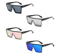 FOEEORT 4 PCS Rave Glasses, Flat Top Oversized Sunglasses with UV400 Protection, Black, Silver, Blue, Color, Smoke Lens, Square Sunglasses for Women Men for Outdoor Activities Party