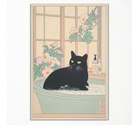 foefvpeft Black Cat Canvas Wall Art, Funny Japanese Cat Bathroom Poster, Cat In A Bubble Bathtub Painting, Neutral Japan Cat Aesthetic Print, Cat Pink Flowers Green Botanical Picture 12x16in Unframed