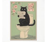 foefvpeft Cute Black Cat Canvas Wall Art, Funny Japanese Cat Bathroom Poster, Black Cat Read Newspaper on A Toilet Painting, Neutral Japandi Cat and Pink Flowers Aesthetic Print 8x12in Unframed