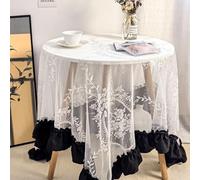 FOELANNE Embroidered Lace Tablecloth, White And Black Lace Square Tablecloth With Pom-Pom Fringe Multiple Sizes(White and Black Ruffle Edge,120x120cm)