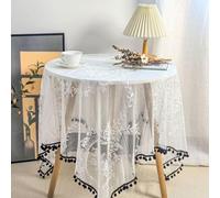 FOELANNE Embroidered Lace Tablecloth, White And Black Lace Square Tablecloth With Pom-Pom Fringe Multiple Sizes(White and Black Pom-pom Fringe,90x90cm)