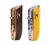 Foern 2 PCS Cigar Lighters, Adjustable Torch Lighter 3 Jet Flame Butane Refillable with Cigar Cutter, Windproof Lighter for Smoking, Cooking, Welding, BBQ (Butane Not Include),(Yellow Brown)