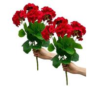 FOERPL 2pcs 14in Artificial Geraniums Fake Silk Red Flowers Outdoor UV Resistant for Garden Plants Bush Home Decor