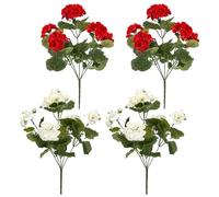 FOERPL 4pcs 14in Artificial Geraniums Fake Silk Red White Flowers Outdoor UV Resistant for Garden Plants Bush Home Decor