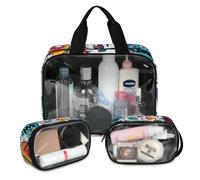 Foerrkelg Cute Cartoon Doodle Cosmetic Bag,3 Pcs Toiletry Bag Makeup Bag Travel Bag Set for Toiletries, With Handle Travel Enssential Toiletries,Set of 3 Pattern, Color 64, 12.2*3.74*10 in