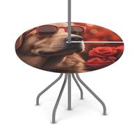 Foerrkelg Outdoor Tablecloth with Umbrella Holes Animal Dog Red Rose Waterproof Round Table Cloth with Elastic Zipper Wipeable Tablecloths for Picnics, Decks, Gardens Fits (45''-56'') Patio Table