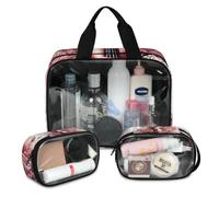 Foerrkelg Rose Guitar Cosmetic Bag,3 Pcs Toiletry Bag Clear Toiletry Bag Toiletry Bag for Women Clear Cosmetic Bag Makeup Organizer Bag Valentine's Day Guitar, Color 14, 12.2*3.74*10 in