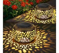 FOFAI Solar Lanterns for Outside: 2 Pack Hollow Out Metal Solar Lights Outdoor Garden with Beautiful Pattern - Gardening Birthday Gifts for Mom - Garden Ornament Table Decorations 2 Lighting Colours
