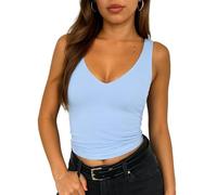 FOFAINWE Women's Sleevelsee V Neck Crop Tank Top Summer Double Layer Going Out Workout Casual Basic Tops, sky blue, S
