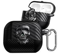 Fofvccv Coque AirPods 4 (2024) en Fibre de Carbone - Étui de Protection 3D Tête de Mort Maléfique avec Mousqueton Housse Antichoc Cover Compatible avec Apple AirPods 4ème Génération.Skull Silver