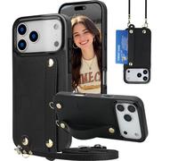 Fofvccv Crossbody Case for iPhone 17 Pro Max, Women PU Leather Wallet Cover with Card Slots Adjustable Lanyard Shoulder Strap & Wrist Kickstand for iPhone 17 Pro Max - KB Black