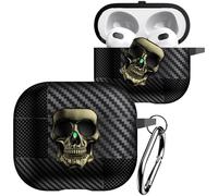Fofvccv for AirPods 3rd Generation 2021 Case with Rotatable Skull Metal Lock, Men Carbon Fiber Shockproof Protective Cover with Carabiner Compatible with MagSafe for AirPods 3 Case, Skull Copper