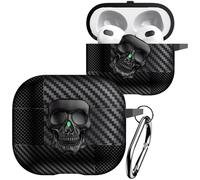 Fofvccv for AirPods 3rd Generation 2021 Case with Rotatable Skull Metal Lock, Men Carbon Fiber Shockproof Protective Cover with Carabiner Compatible with MagSafe for AirPods 3 Case, Skull Black