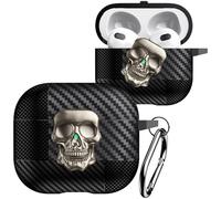 Fofvccv for AirPods 3rd Generation 2021 Case with Rotatable Skull Metal Lock, Men Carbon Fiber Shockproof Protective Cover with Carabiner Compatible with MagSafe for AirPods 3 Case, Skull Gold
