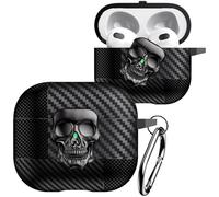 Fofvccv for AirPods 3rd Generation 2021 Case with Rotatable Skull Metal Lock, Men Carbon Fiber Shockproof Protective Cover with Carabiner Compatible with MagSafe for AirPods 3 Case, Skull Silver