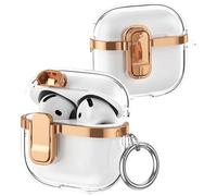 Fofvccv for AirPods 4th Generation (2024) Clear Electroplated Case, Shockproof Transparent Cover with Lock Clip & Keychain, Supports Wireless Charging for AirPods 4 - DD Rose Gold