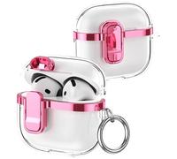 Fofvccv for AirPods 4th Generation (2024) Clear Electroplated Case, Shockproof Transparent Cover with Lock Clip & Keychain, Supports Wireless Charging for AirPods 4 - DD Pink