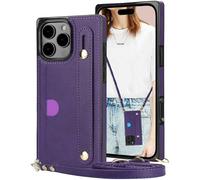 Fofvccv for Apple iPhone 16 Pro Crossbody Wallet Case, Removable Adjustable Lanyard Women PU Leather Case Wrist Strap Stand Cover with Card Holders for iPhone 16 Pro, KB Purple