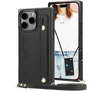Fofvccv for Apple iPhone 16 Pro Crossbody Wallet Case, Removable Adjustable Lanyard Women PU Leather Case Wrist Strap Stand Cover with Card Holders for iPhone 16 Pro, KB Black