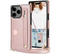Fofvccv for Apple iPhone 16 Pro Crossbody Wallet Case, Removable Adjustable Lanyard Women PU Leather Case Wrist Strap Stand Cover with Card Holders for iPhone 16 Pro, KB Rose