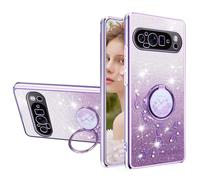 Fofvccv for Google Pixel 9 Pro XL Glitter Bling Flowers Case, Women Girls Soft Silicone Crystal Clear Floral Cover with 360° Ring Stand for Google Pixel 9 Pro XL 5G, YSH Purple
