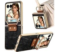 Fofvccv for Motorola Razr 2026 / Moto Razr 2025 /Razr 2024 Case with Ring Holder, Embossed PU Leather Flip Phone Case with Hand Strap, Luxury Foldable Cover for Moto Razr 2026/2025 HYY Black