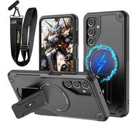 Fofvccv for Samsung Galaxy A55 5G Crossbody Strap Case, Military Grade Shockproof Rugged Protection Case Magnetic Armor Cover Built-in Kickstand for Samsung Galaxy A55, DJ Black