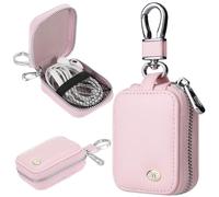 Fofvccv PU Leather Earbud Case with Zipper, Earphone Storage Organizer with Mesh Pocket & Keychain for AirPods 4 1 2 3 Pro, Small Carrying Pouch for Wireless Wired Earphones USB Cable - EJB Pink