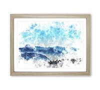 Fog Between The Mountains Watercolour Modern Framed Print | A3 Oak Framed Wall Art | Ready to Hang | Modern Landscape Picture | Living Room Bedroom Lounge Office