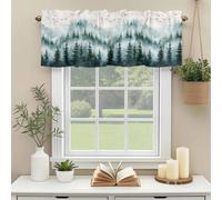 Fog Forest Valances for Windows, Abstract Spring Dark Green Mystery Tree Forest Bird Rod Pocket Valance Short Window Treatments Curtains for Kitchen Bathroom Bedroom Decor, 60 x 14 Inches