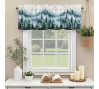 Fog Forest Valances for Windows, Mystery Abstract Spring Dark Green Tree Forest Bird Rod Pocket Valance Short Window Treatments Curtains for Kitchen Bathroom Bedroom Decor, 56 x 16 Inches