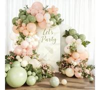 Fog Green Pink Balloon Arch Kit, 114Pcs Sage Green and Pink Balloon Garland with Pastel Orange Beige Cream Balloons for Wedding Jungle Safari Baby Shower Woodland Birthday Party Decorations