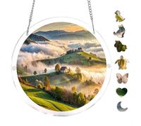 Fog Rolling Hills Countryside Landscape Acrylic Round Puzzle 7.8x7.8Inch Hanging Decor