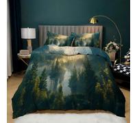 Fog Smoky Mountain Bedding Set ,Nature Sunrise forest Green Comforter Cover Rustic Woodland Landscape Botanical Tree Duvet Cover Set Super King for Kids Adults Natural Jungle Bedspread Super King