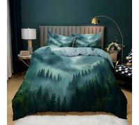 Fog Smoky Mountain Duvet Cover Set Doubles for Kids Teens Adult, Green Natural Jungle forest Pine Tree Bedding Sets with Zipper, Woodland Landscape Firforest Comforter Cover with Pillowcase Double