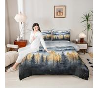 Fog Tree Comforter Set Single Size,Mysterious Mountain Tree Bedding Set for Kids Teens Bedroom,Misty Jungle Nature Plants Down Comforter,2 Pcs 1 Pillowcase