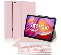 FOGARI Keyboard Case for Fire HD 10 & 10 Plus 10.1 inch (13th/11th Generation 2023/2021), Case for HD 10 & 10 Plus 10.1", 7 Colors Backlit UK Layout Bluetooth Detachable Keyboard, Pink