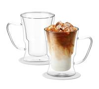 FOGAWA 2PACK Double Walled Glass Coffee Mugs 350ml Latte Glasses Coffee Glasses with Handle Iced Coffee Cup Insulated Glass Cups Heat Resistant with Coasters for Cappuccino Juice Tea Milk Beer
