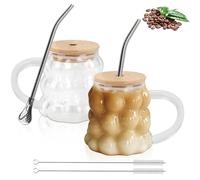 FOGAWA 2PACK Iced Coffee Cup 350ML Glass Coffee Mugs Glass Cups with Lids and Straws Latte Glasses Coffee Glasses with Handle Bubble Drinking Glasses for Cappuccino Milk Juice Tea Beer