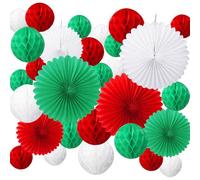 FOGAWA 30PCS Christmas Honeycomb Decorations - Red Green White Paper Tissue Paper Pom Poms Xmas Ceiling Hanging Decorations 10-30cm for Christmas New Year Winter Festival Home Party